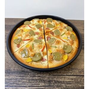 Pretend Play Fake Toy 9" Pizza With Pan 6 Vinyl Rubber Pieces Mushroom Supreme